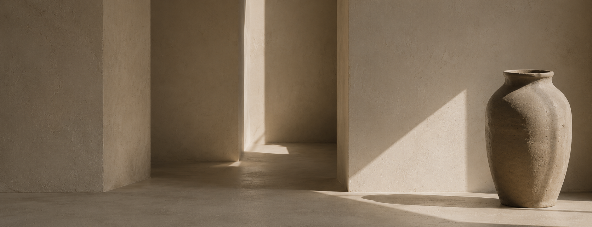 A quiet sunlit concrete room with plaster walls and a stone vase.