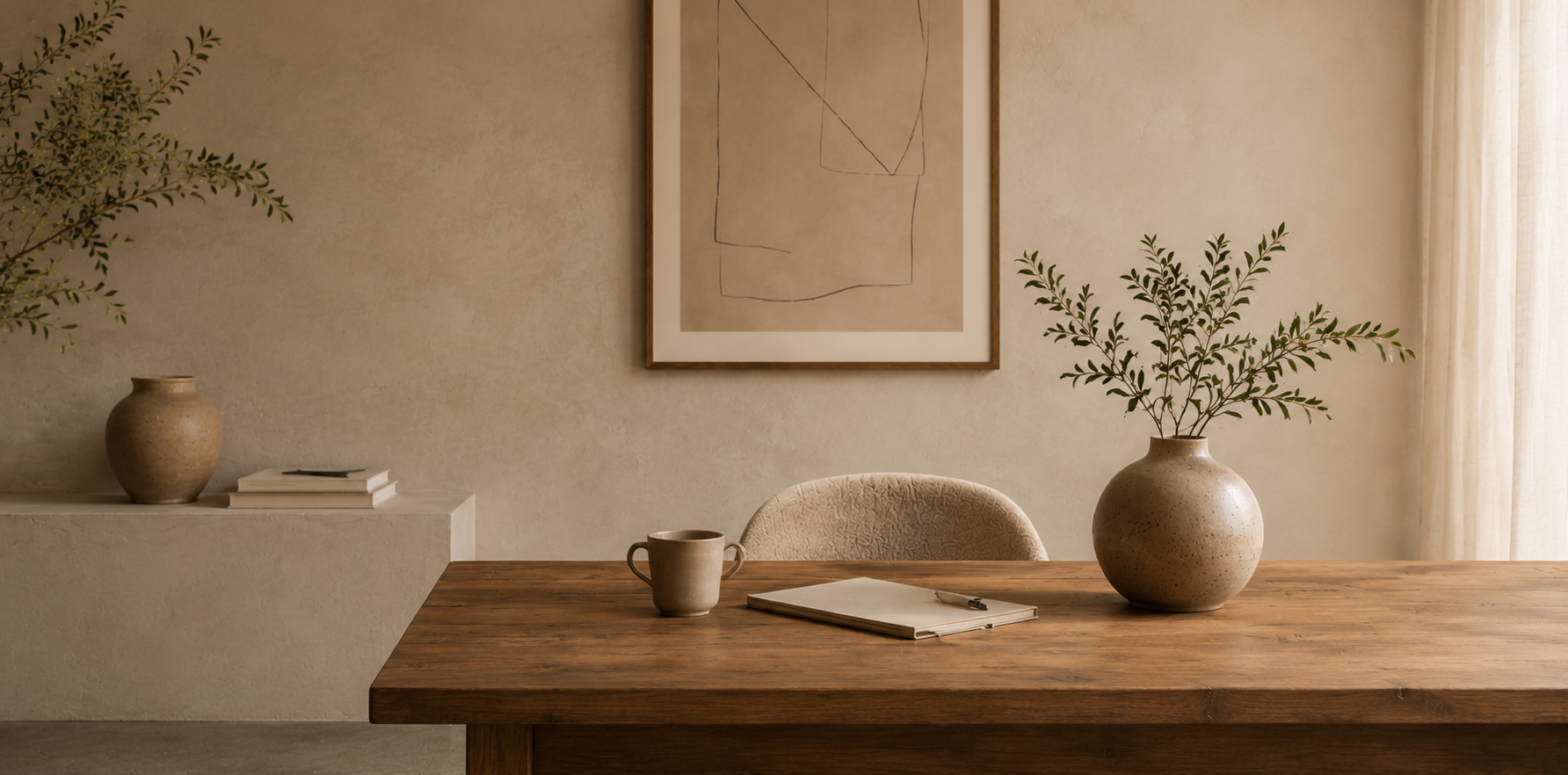 A warm, lived-in writing table with ceramics, olive branches, and a quiet line drawing on the wall.