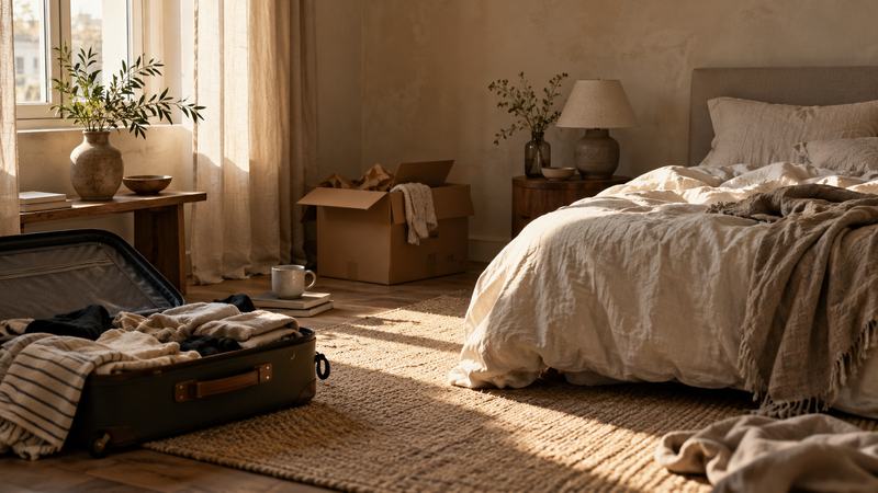 An open suitcase and moving box beside a linen bed in warm morning light