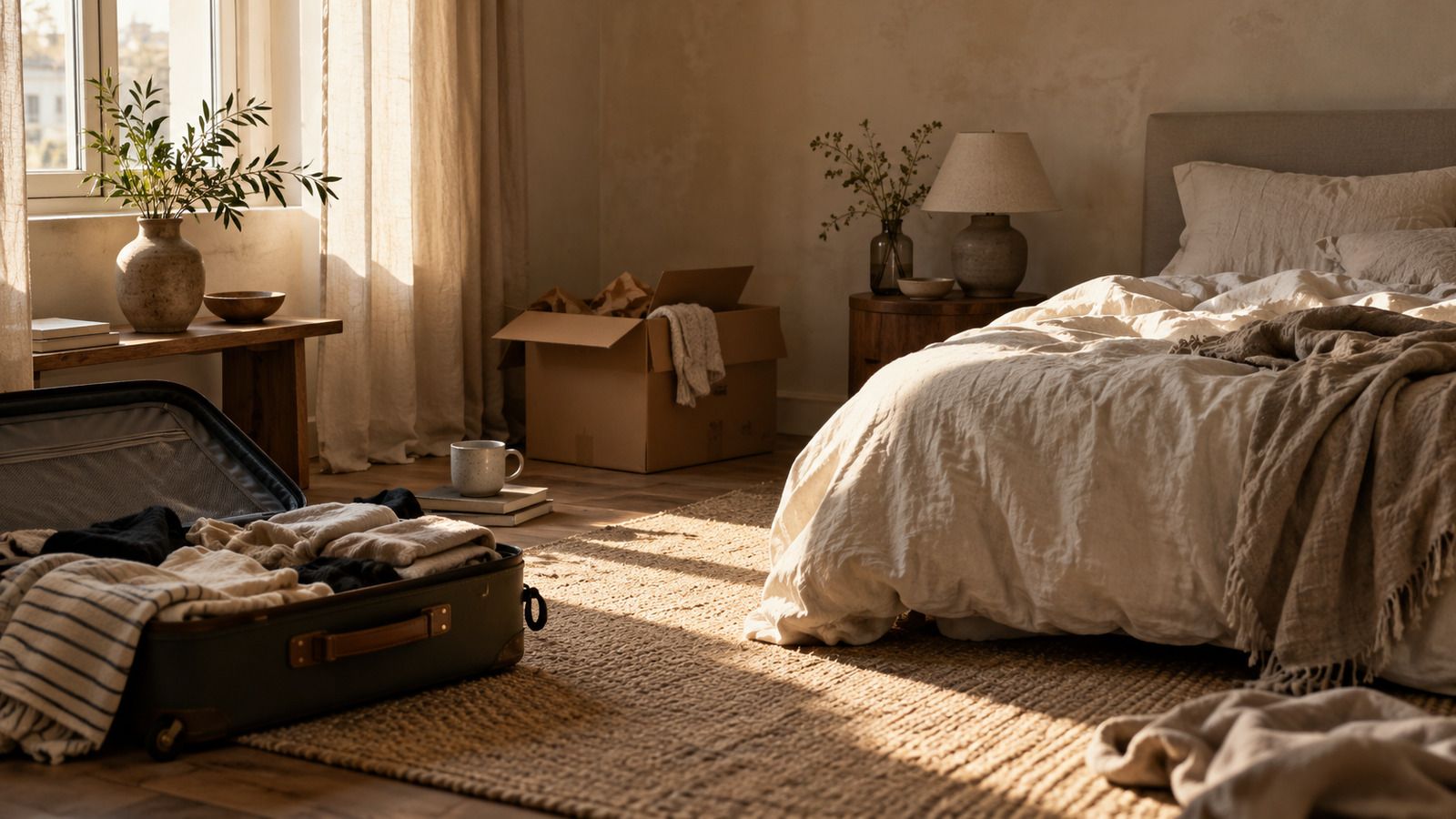 An open suitcase and moving box beside a linen bed in warm morning light