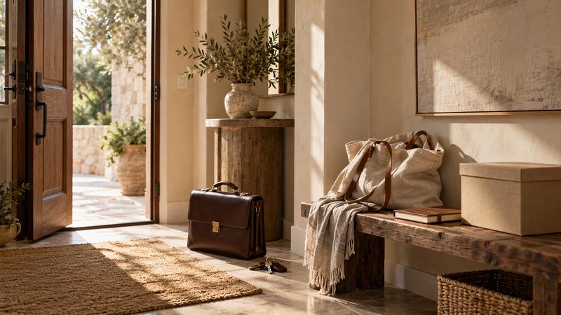 A leather briefcase by an open front door, with a bench and folded throw