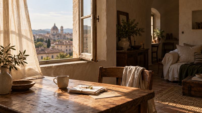A wooden table with a mug and letters beside an open window over a European city